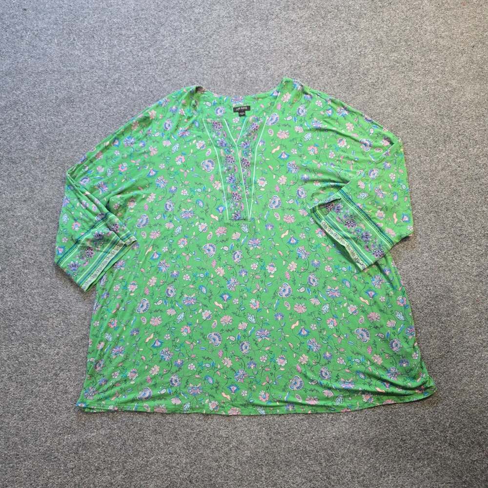 J Jill Top Womens Size 3X Green Floral Tunic Stretch 3/4 Sleeve Wearever Casual